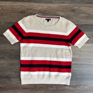 Tommy Hilfiger Striped Short Sleeve Sweater Knit Top Red White Blue Tan Size M